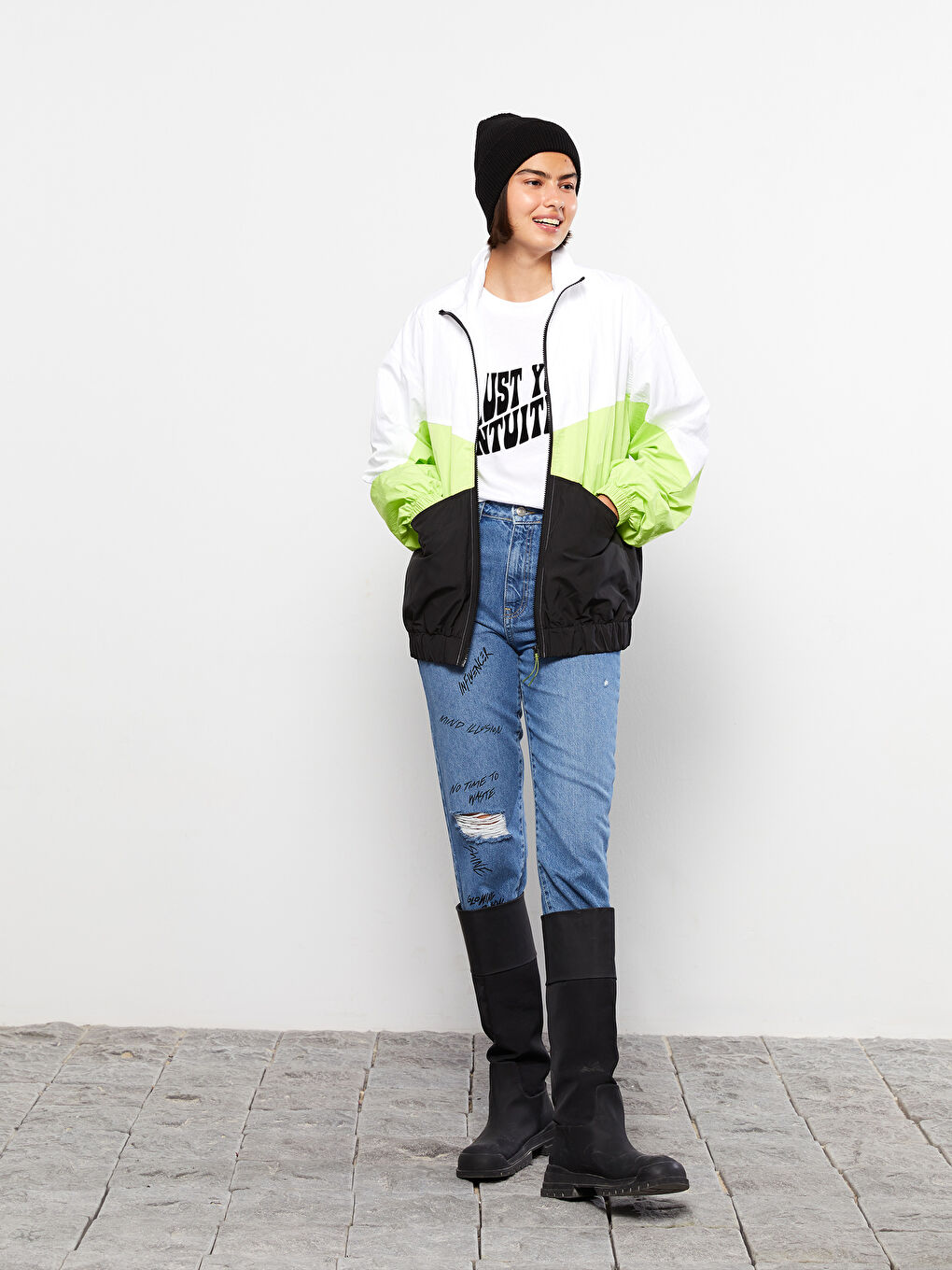 Turtle Neck Long Sleeve Women's Raincoat with Color Block -W20691Z8-J5E