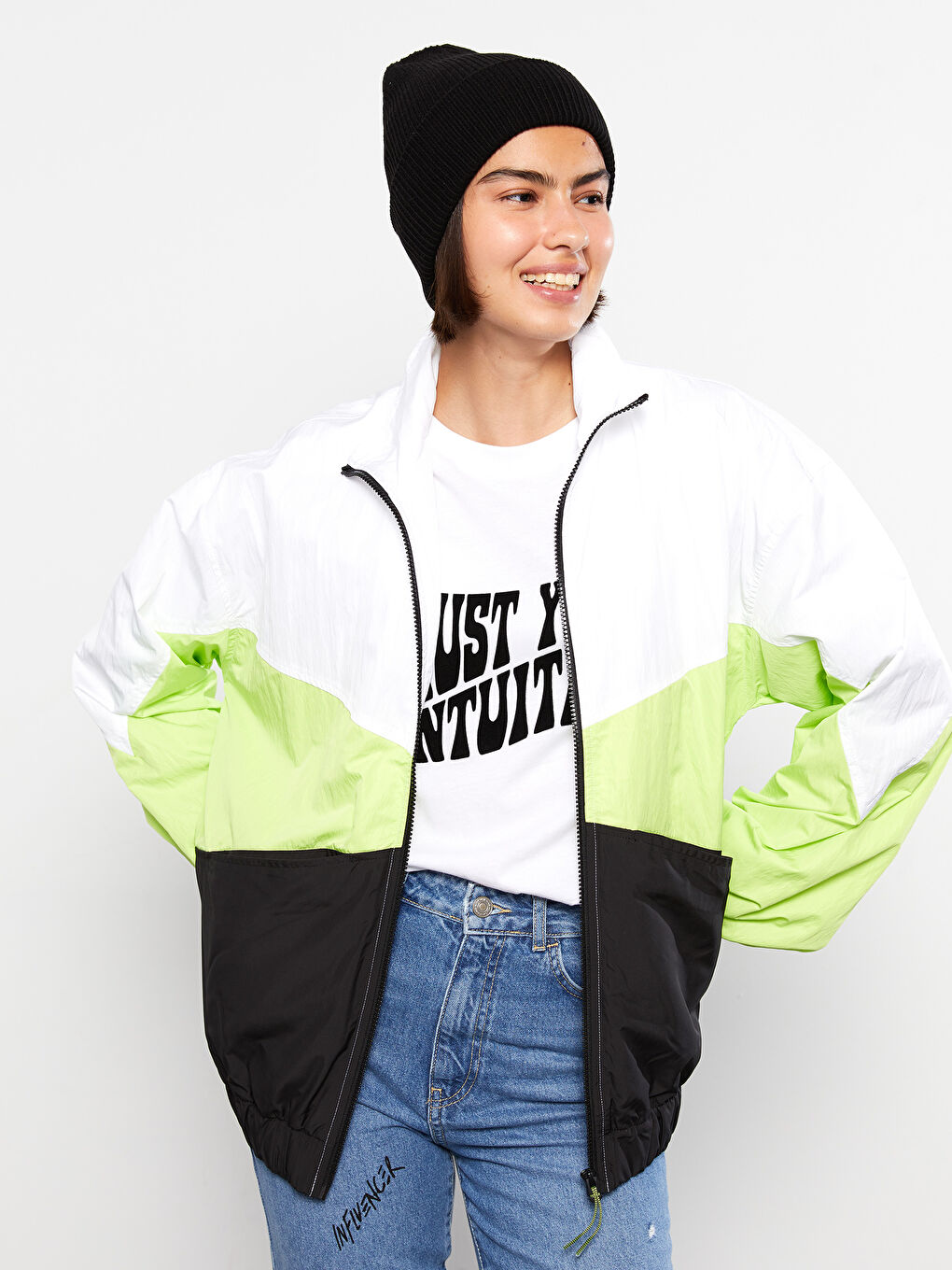 Turtle Neck Long Sleeve Women's Raincoat with Color Block -W20691Z8-J5E