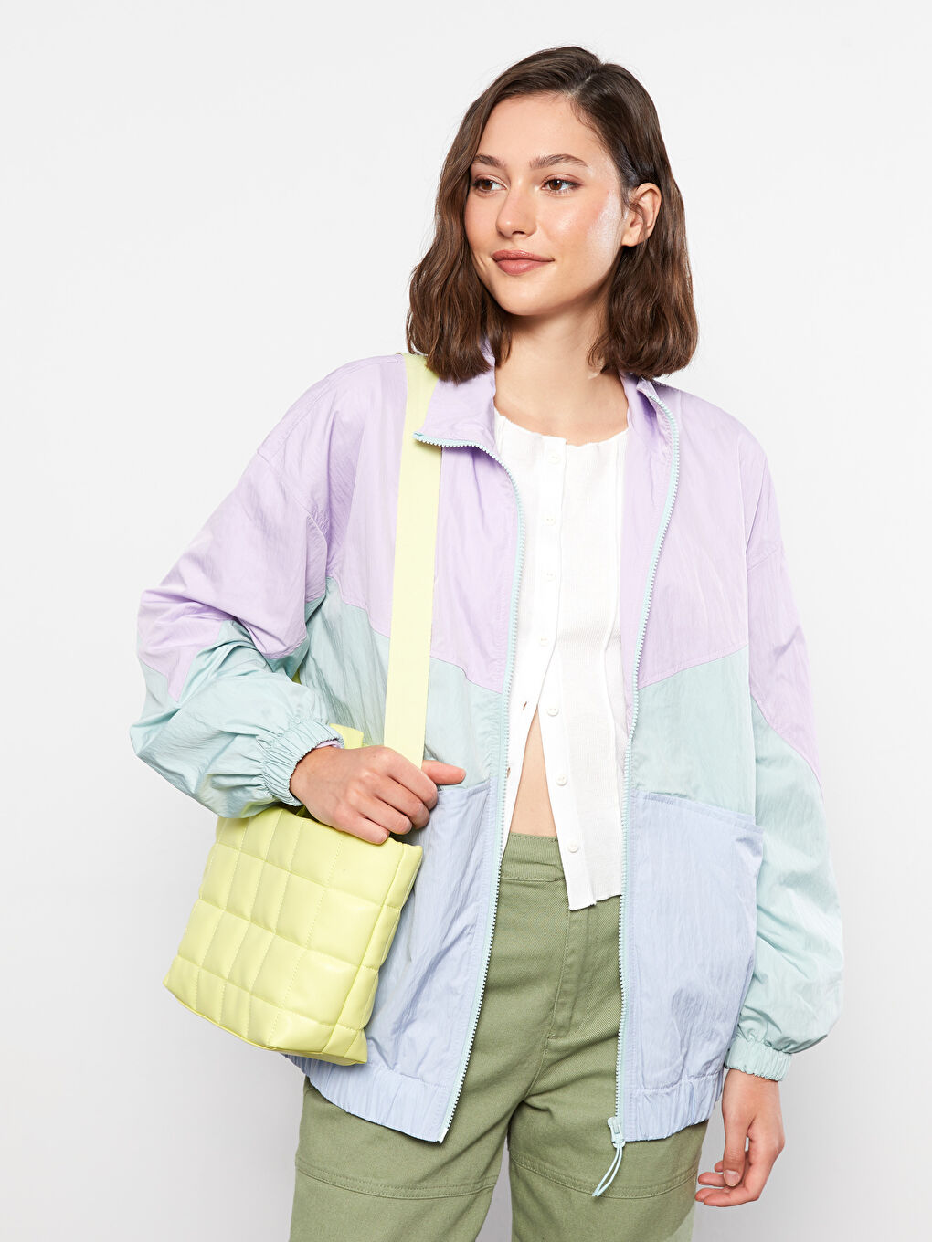 Kišni mantil sa uspravnom kragnom i dugim rukavima za žene sa blok bojama-1