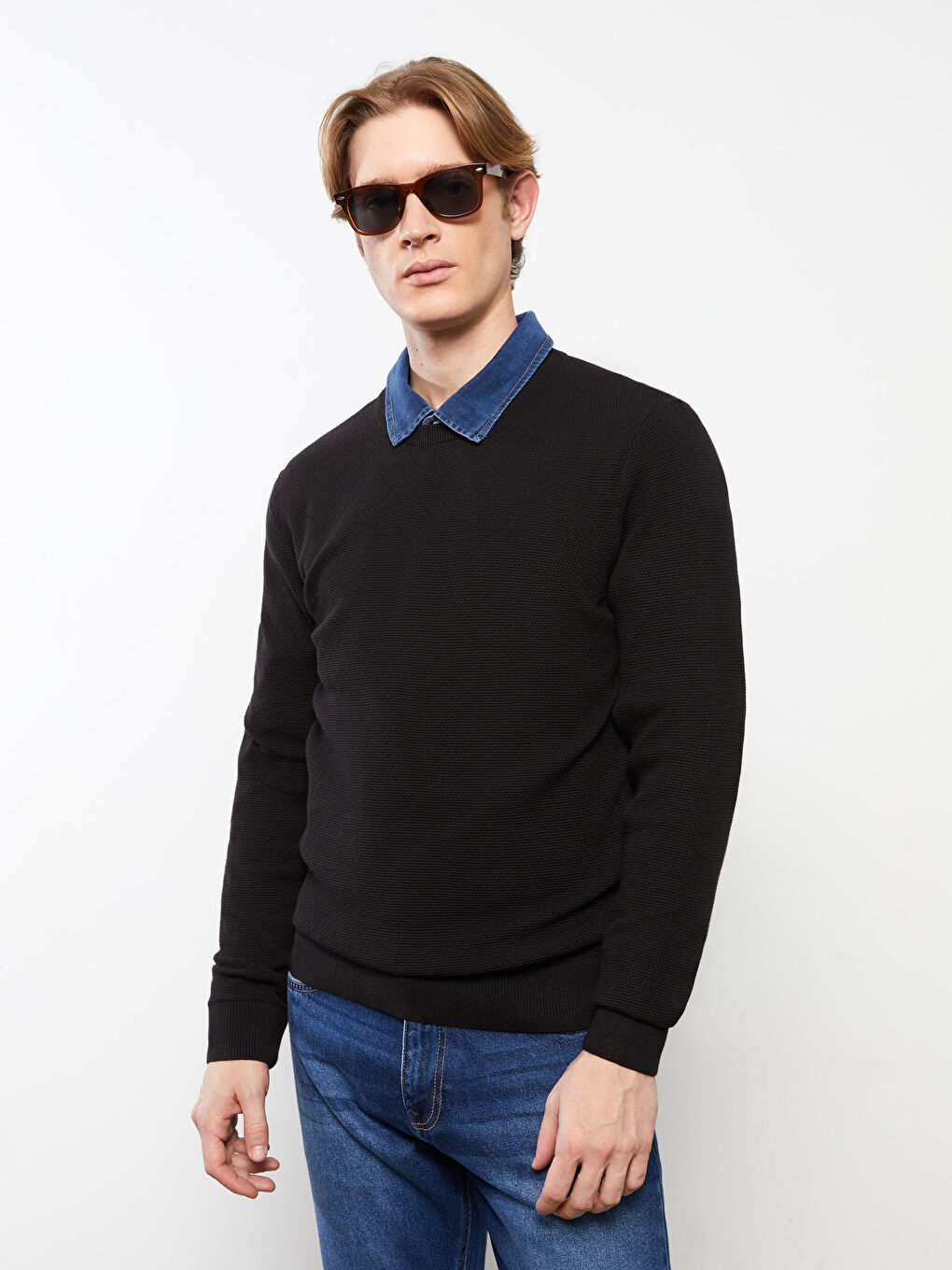 Crew Neck Long Sleeve Men's Tricot Sweater-1