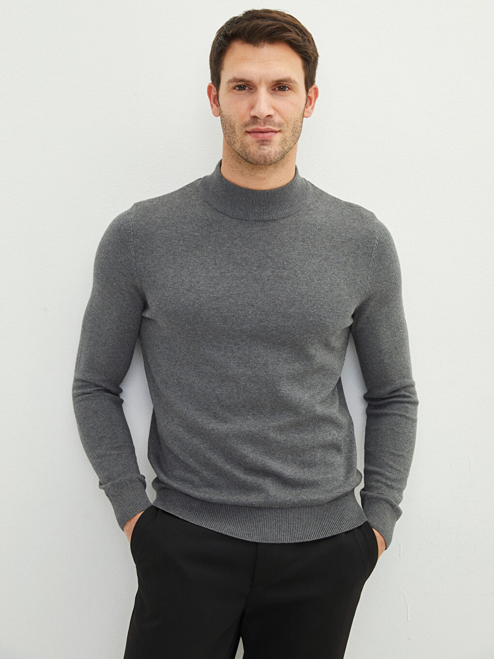 Gri Balıkçı Yaka Uzun Kollu Erkek Triko Kazak