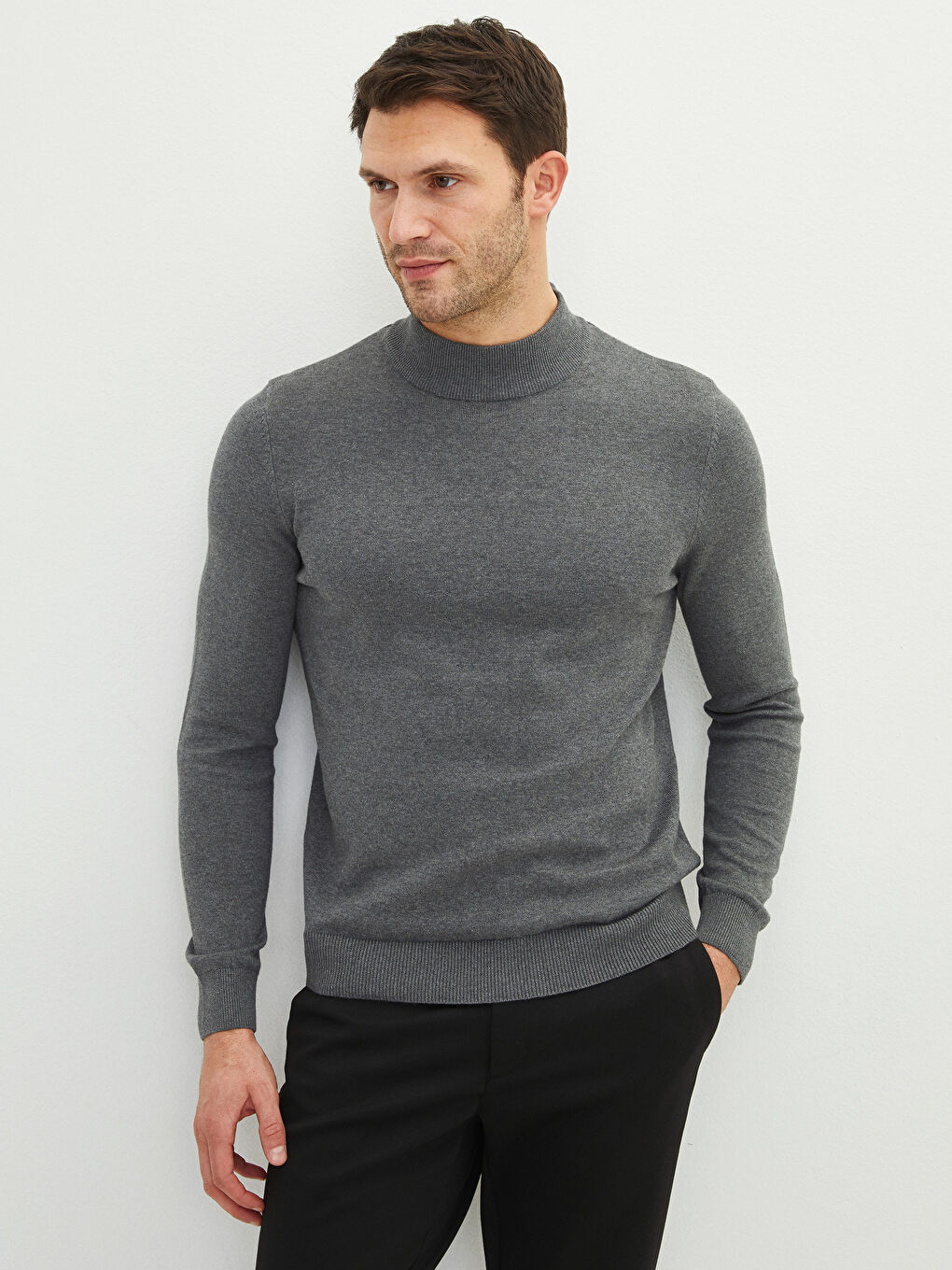 Gri Balıkçı Yaka Uzun Kollu Erkek Triko Kazak-1