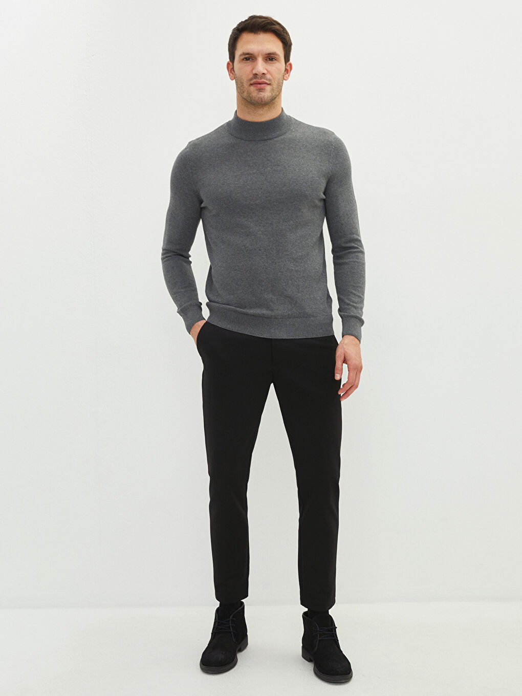 Gri Balıkçı Yaka Uzun Kollu Erkek Triko Kazak-2