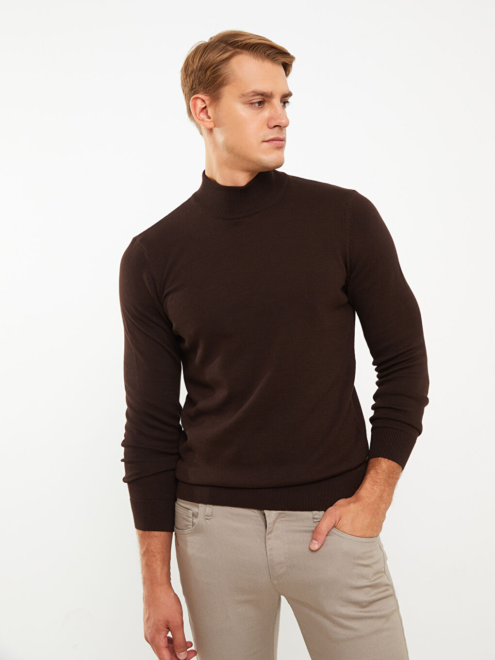 Kahverengi Balıkçı Yaka Uzun Kollu Erkek Triko Kazak