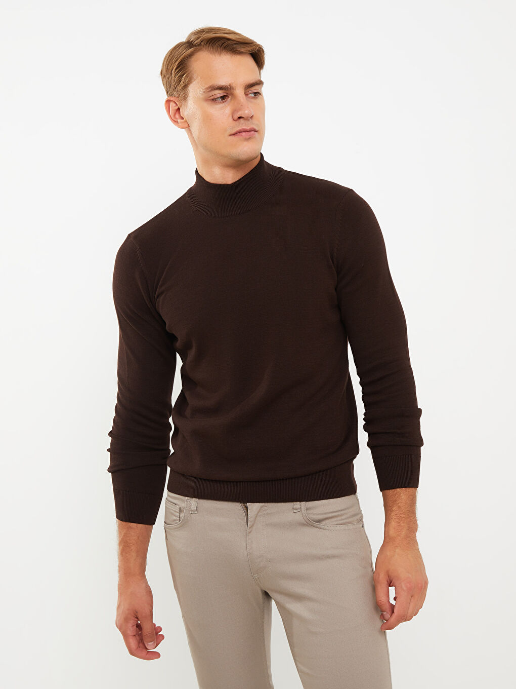 Kahverengi Balıkçı Yaka Uzun Kollu Erkek Triko Kazak-1