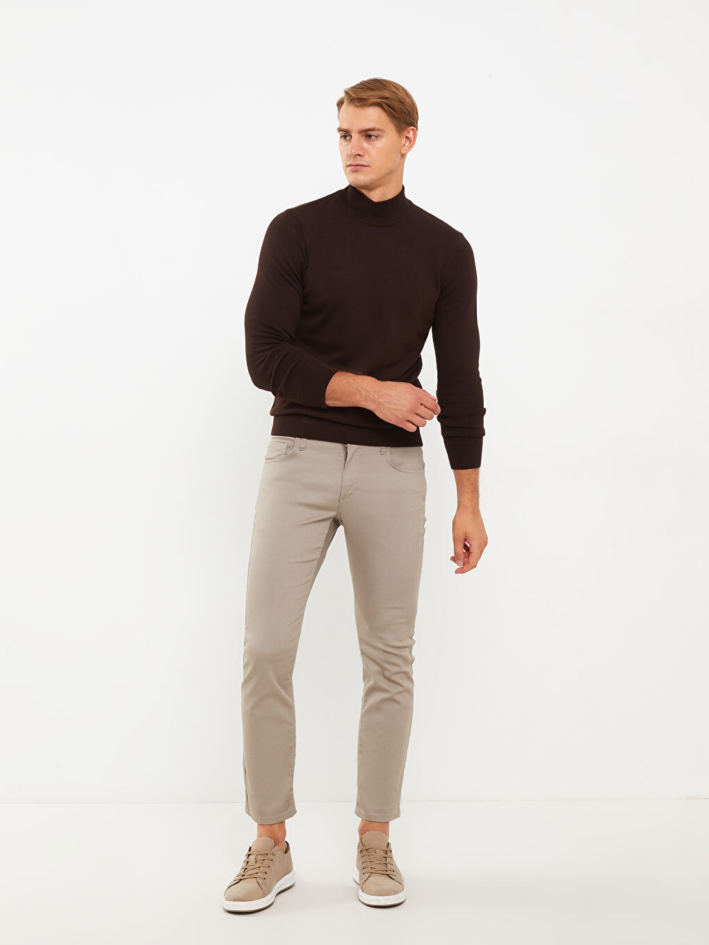 Kahverengi Balıkçı Yaka Uzun Kollu Erkek Triko Kazak-2