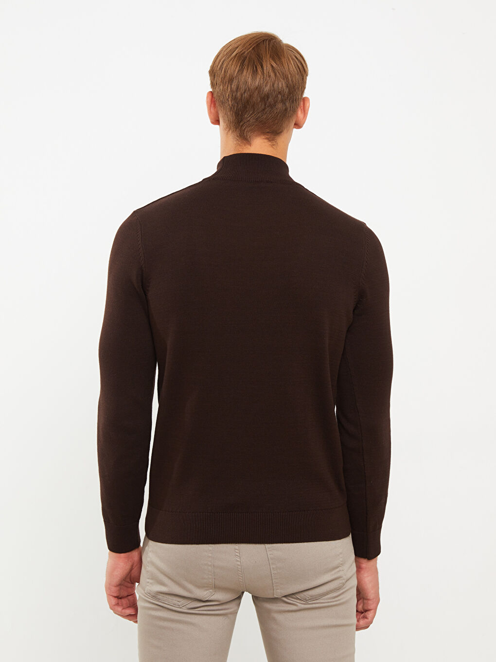 Kahverengi Balıkçı Yaka Uzun Kollu Erkek Triko Kazak-4