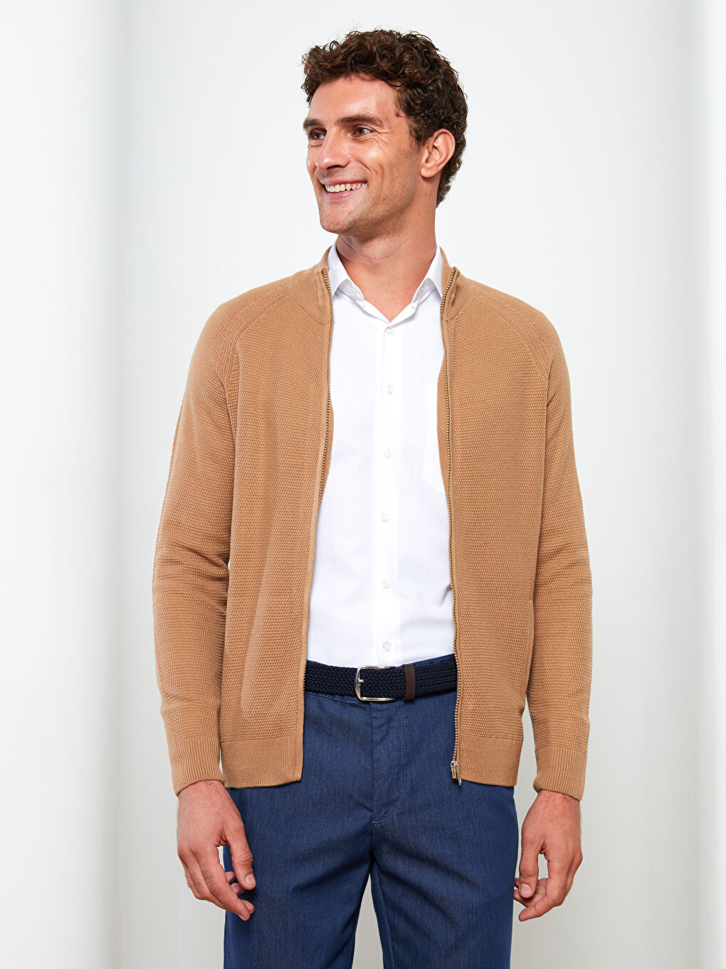 Kahverengi Standart Kalıp Dik Yaka Erkek Triko Hırka-1