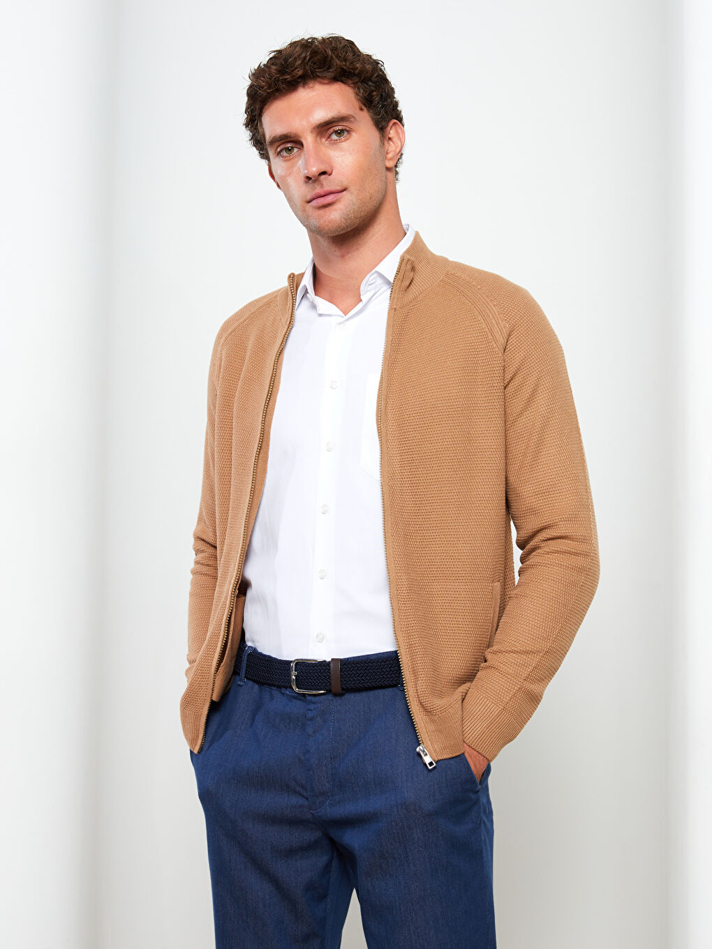 Kahverengi Standart Kalıp Dik Yaka Erkek Triko Hırka-2