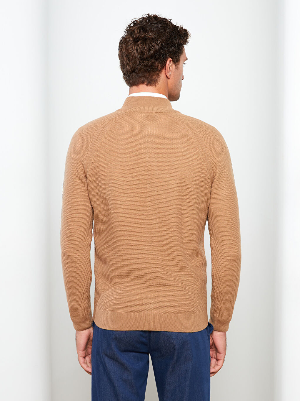 Kahverengi Standart Kalıp Dik Yaka Erkek Triko Hırka-3