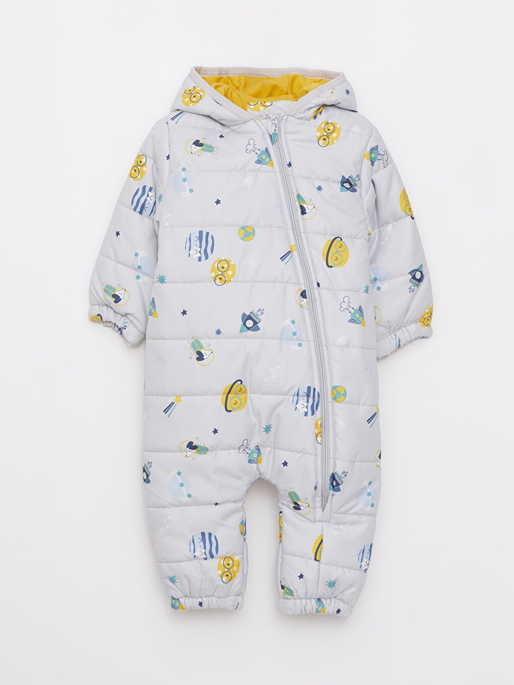 Gri Kapüşonlu Uzun Kollu Baskılı Erkek Bebek Astronot Mont