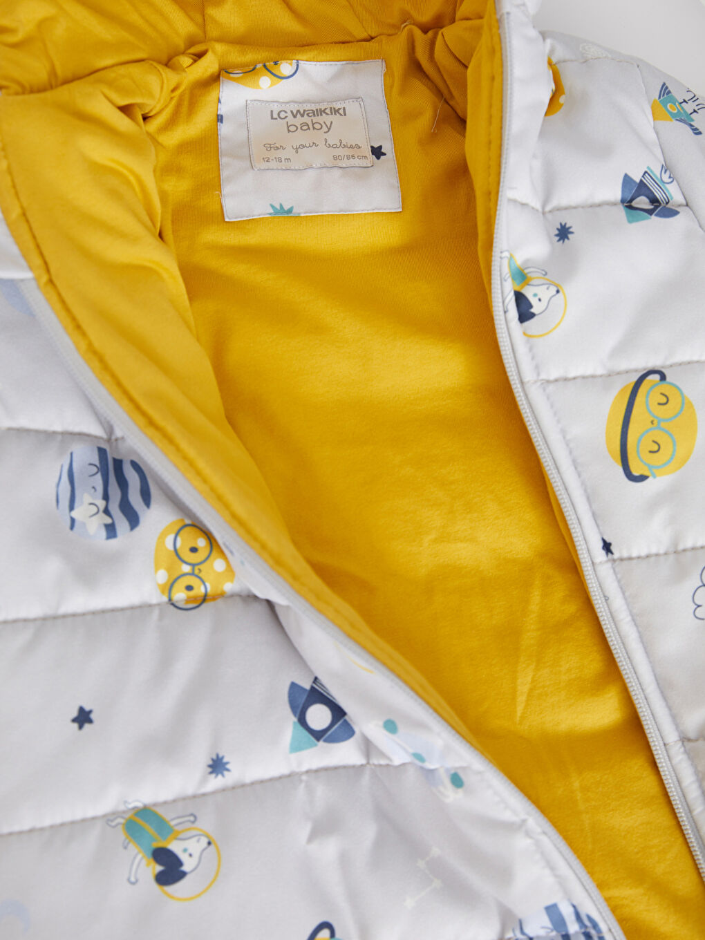 Gri Kapüşonlu Uzun Kollu Baskılı Erkek Bebek Astronot Mont-1