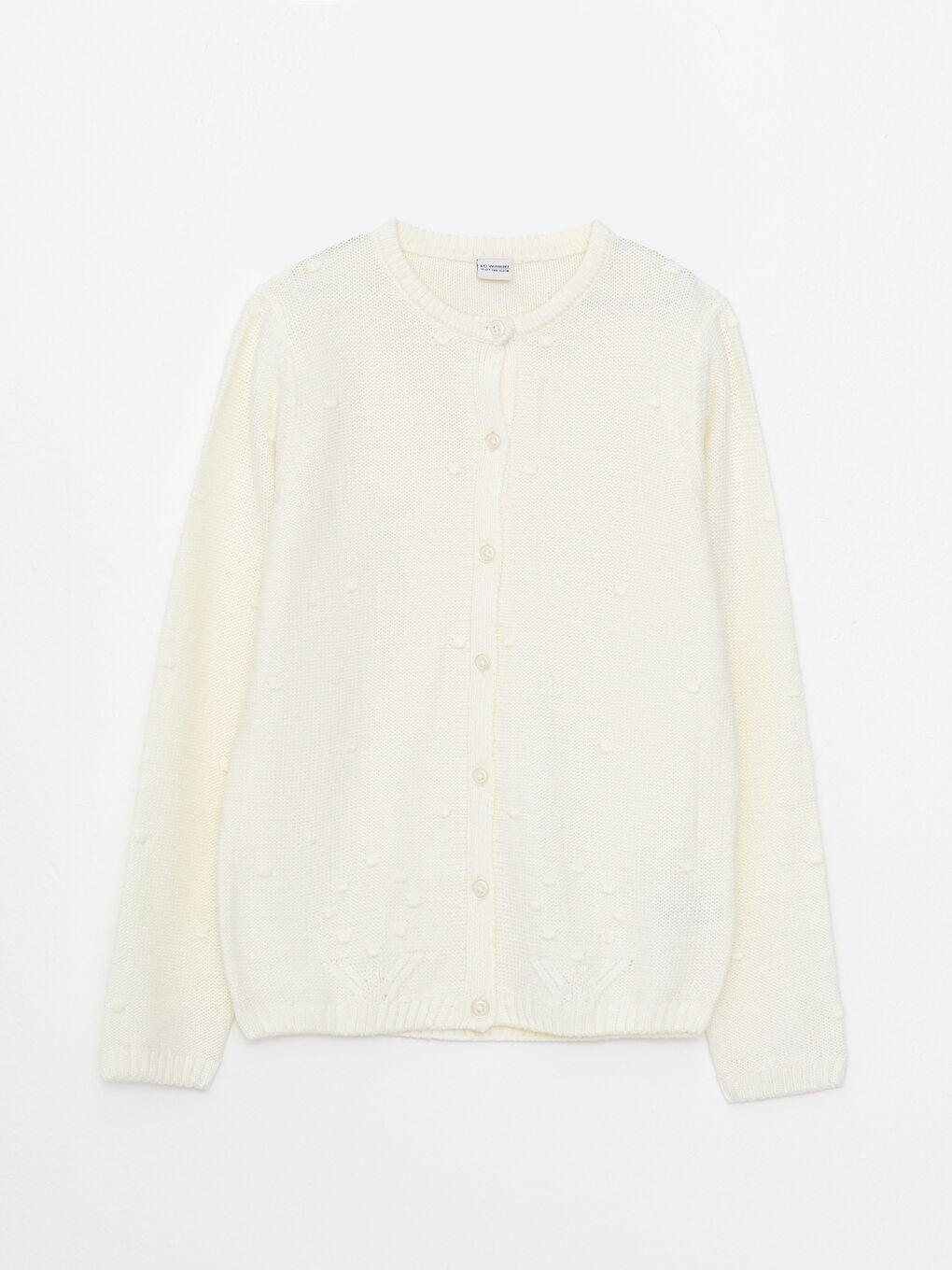 Crew Neck Self Patterned Long Sleeve Girl Tricot Cardigan