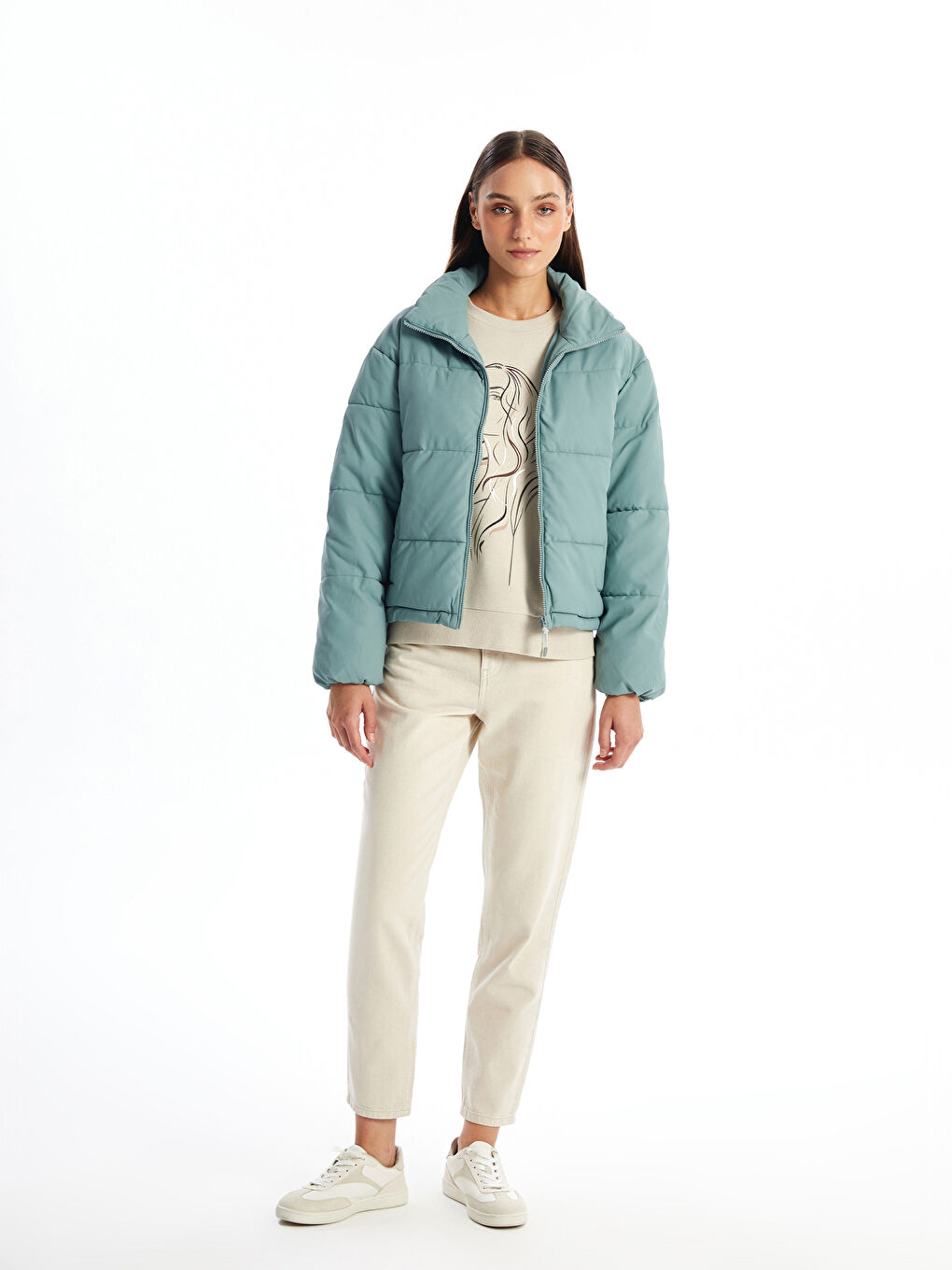 Geacă Matlasată cu Guler Tip Pâlnie pentru Femei-1