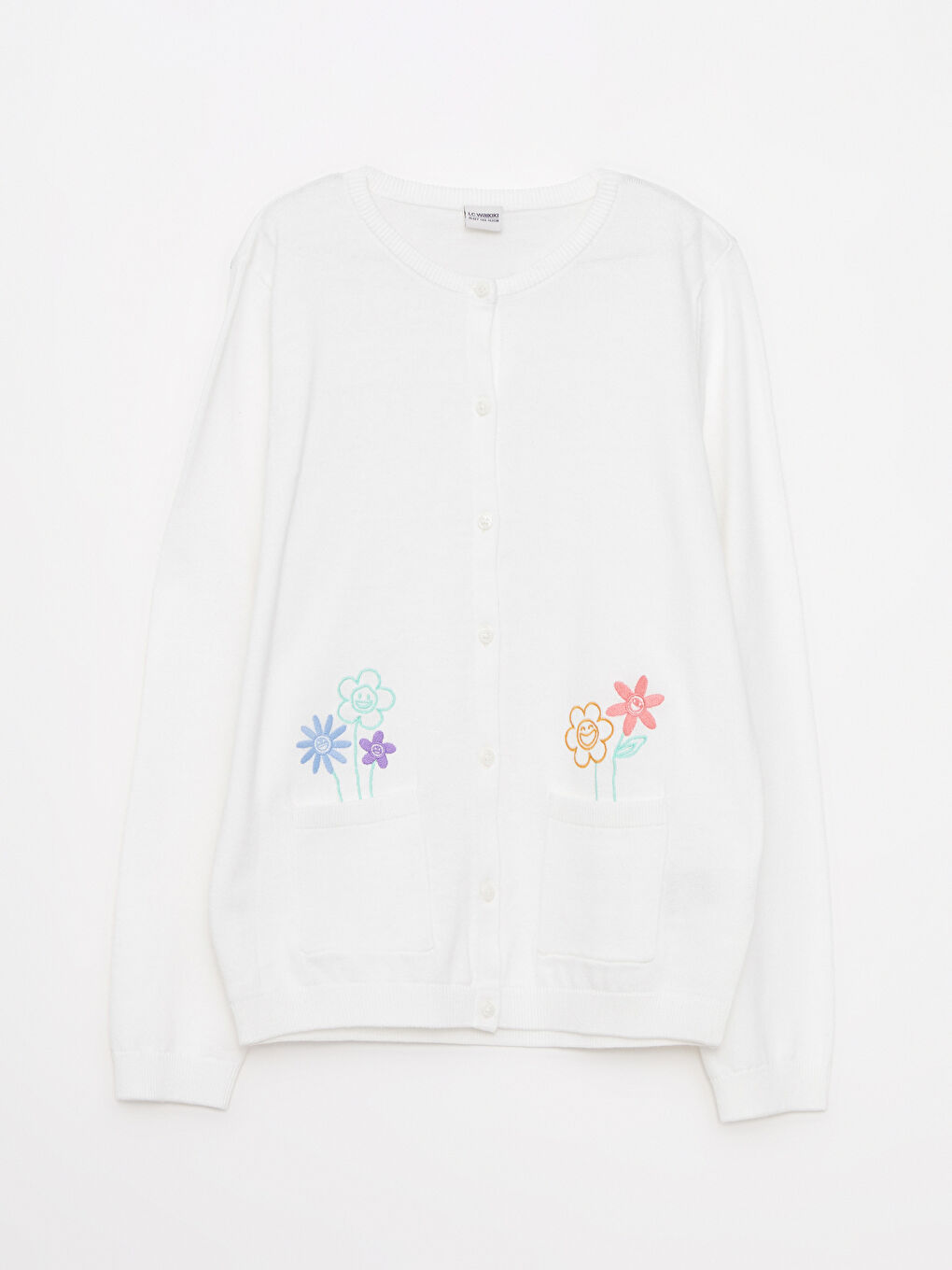 Crew Neck Embroidery Detailed Long Sleeve Girl Tricot Cardigan-2