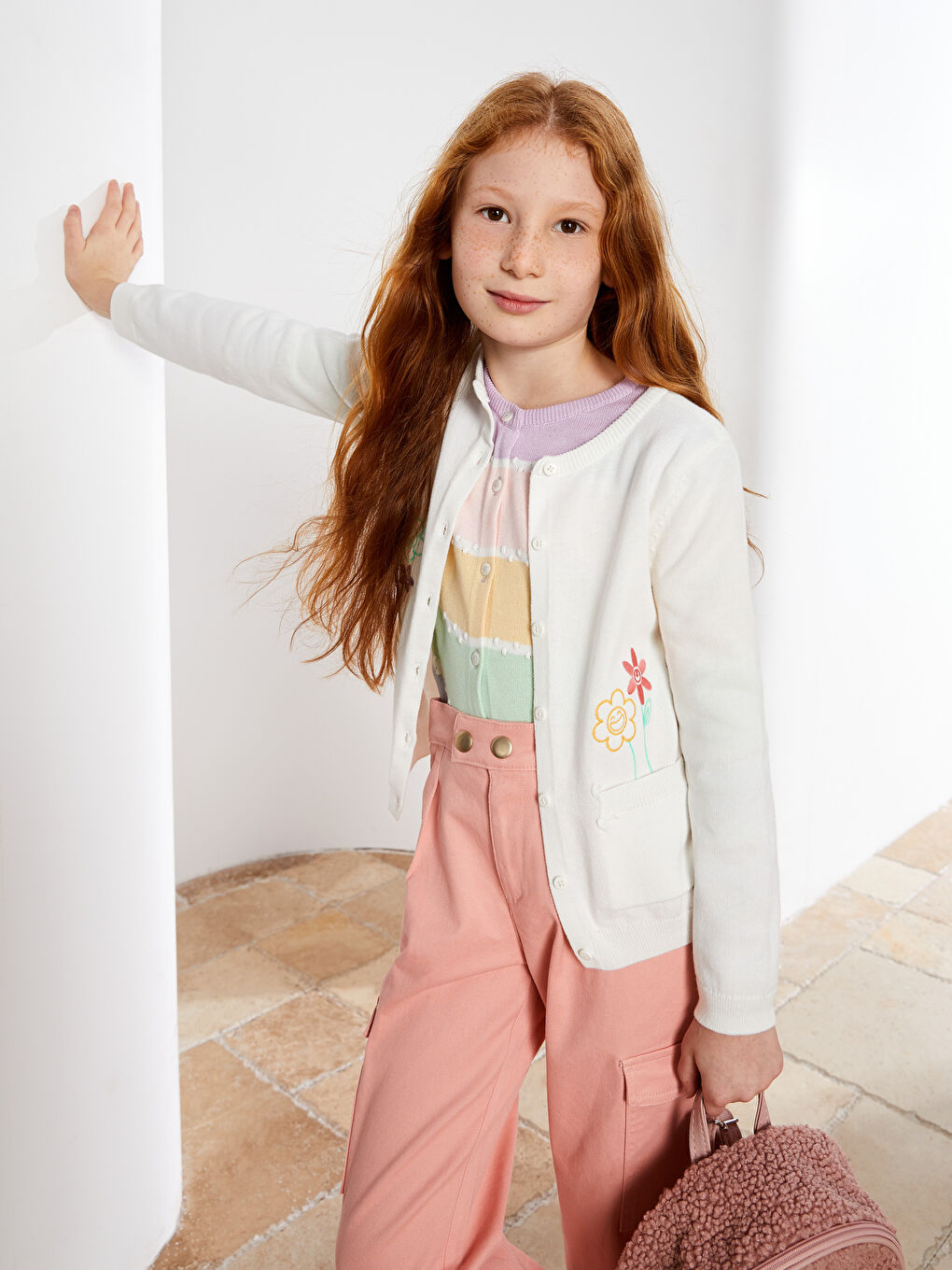 Crew Neck Embroidery Detailed Long Sleeve Girl Tricot Cardigan-1