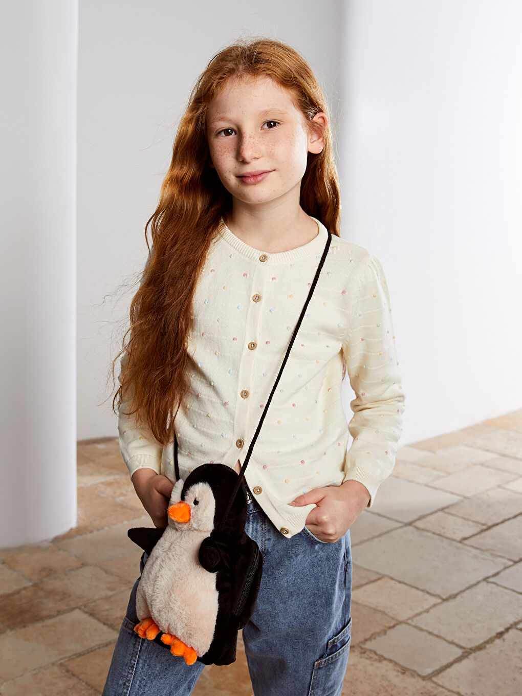 Crew Neck Patterned Long Sleeve Girls' Knitwear Cardigan-1