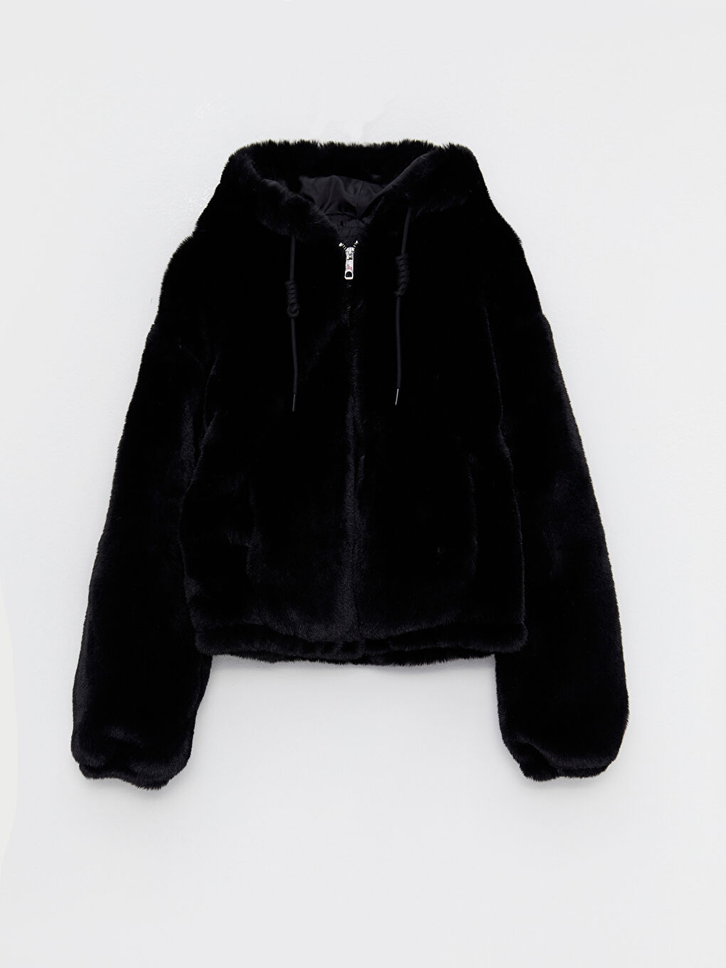 Siyah Kapüşonlu Düz Uzun Kollu Pelüş Kadın Mont-6