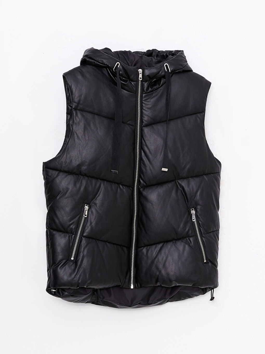 Siyah Kadın Kapüşonlu Düz Şişme Yelek-6