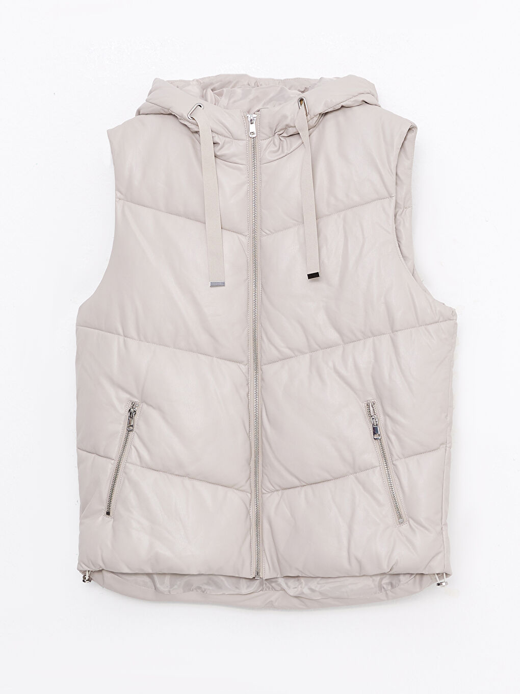 Ekru Kadın Kapüşonlu Düz Şişme Yelek-6