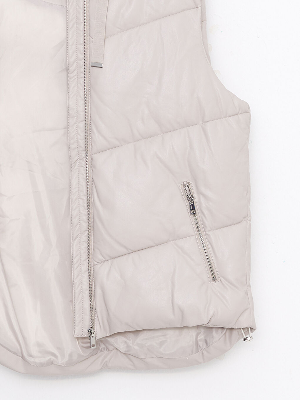 Ekru Kadın Kapüşonlu Düz Şişme Yelek-8