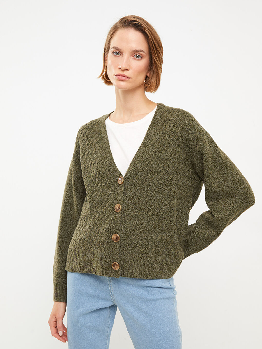 V-Neck Self Patterned Long Sleeve Women's Knitwear Cardigan