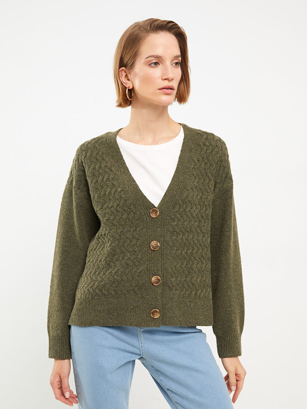 V-Neck Self Patterned Long Sleeve Women's Knitwear Cardigan-1