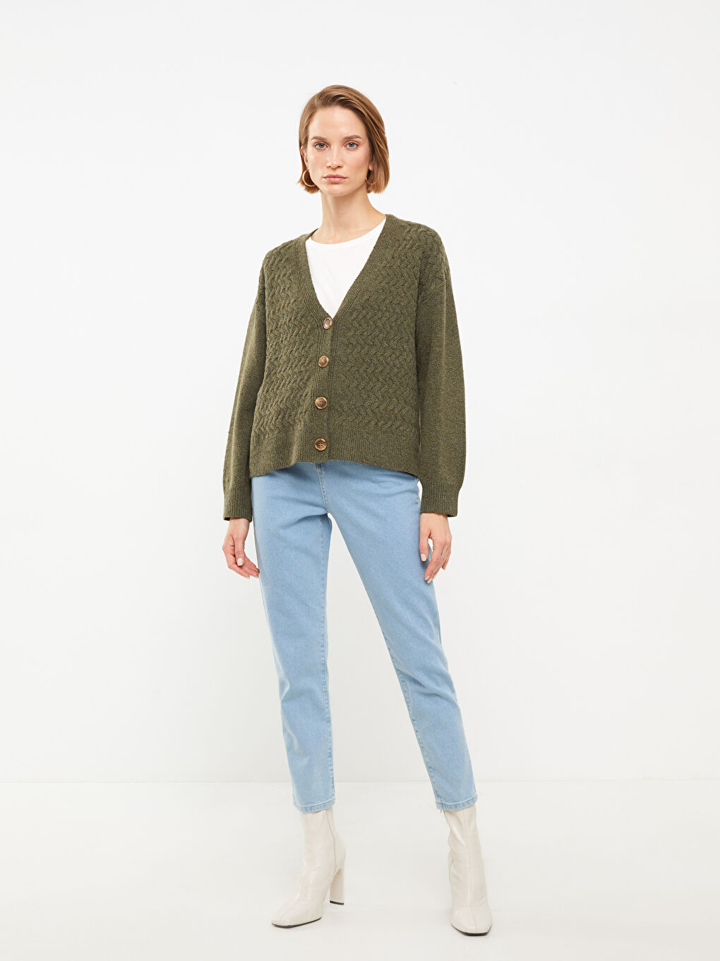 V-Neck Self Patterned Long Sleeve Women's Knitwear Cardigan-2