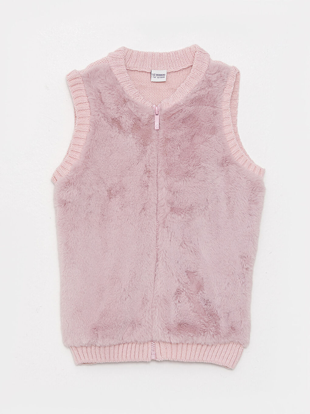 Crew Neck Plush Detailed Tricot Girl Zippered Vest