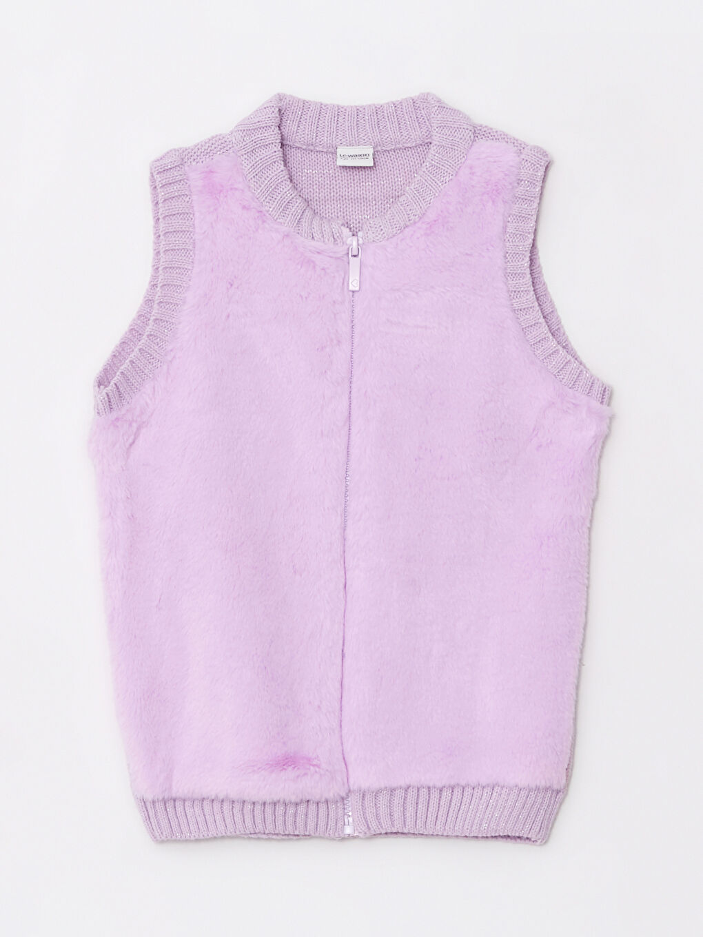 صدرية بنات بسحاب تريكو بتفاصيل فرو برقبة دائرية