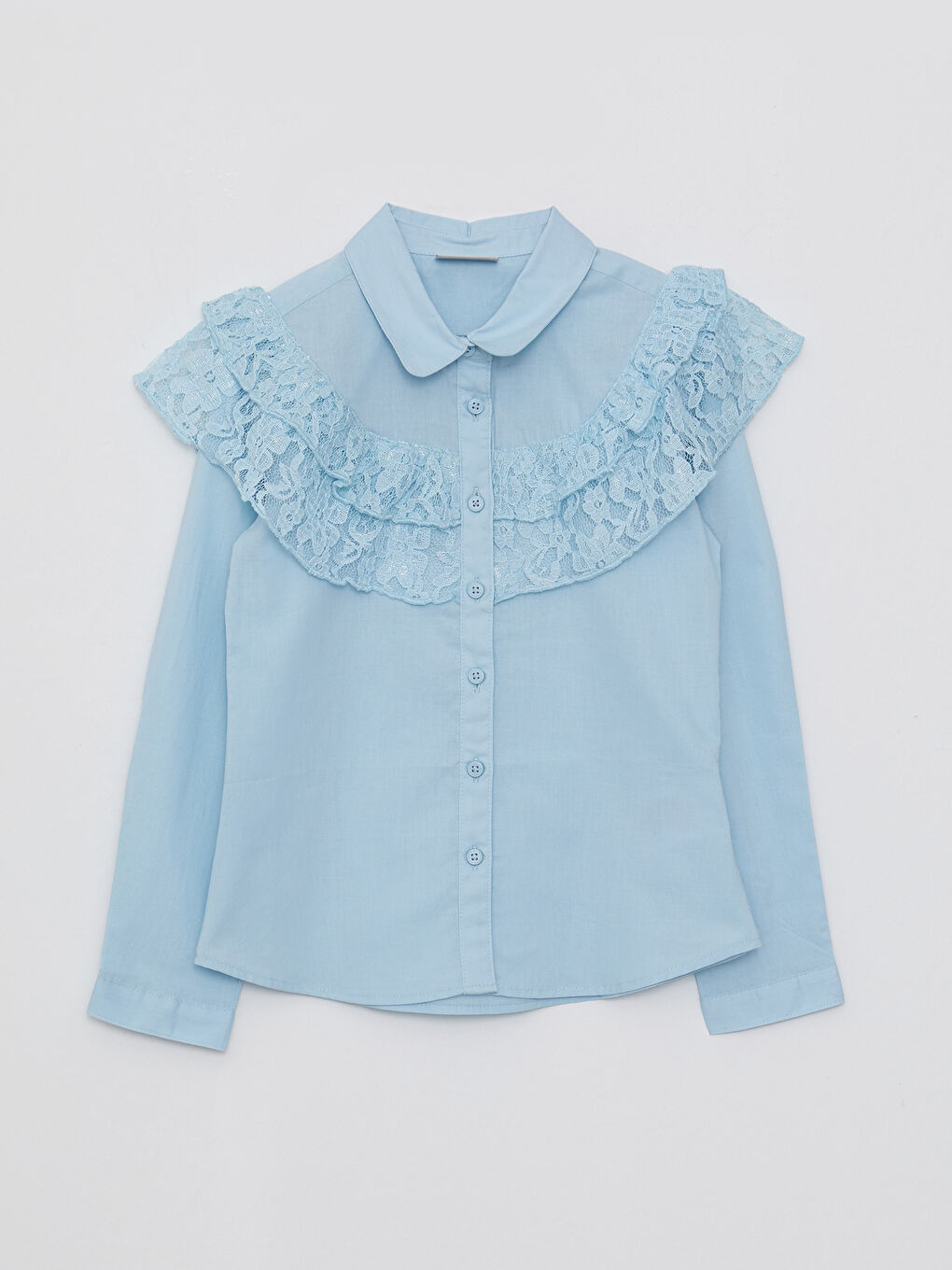 قميص بناتي بوبلين بأكمام طويلة وتفاصيل دانتيل