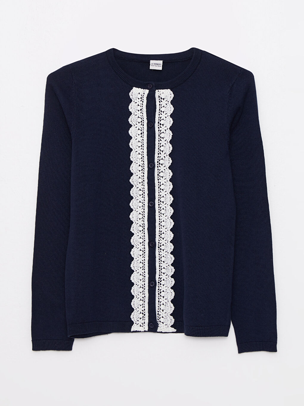 Crew Neck Lace Detailed Long Sleeve Girls' Knitwear Cardigan