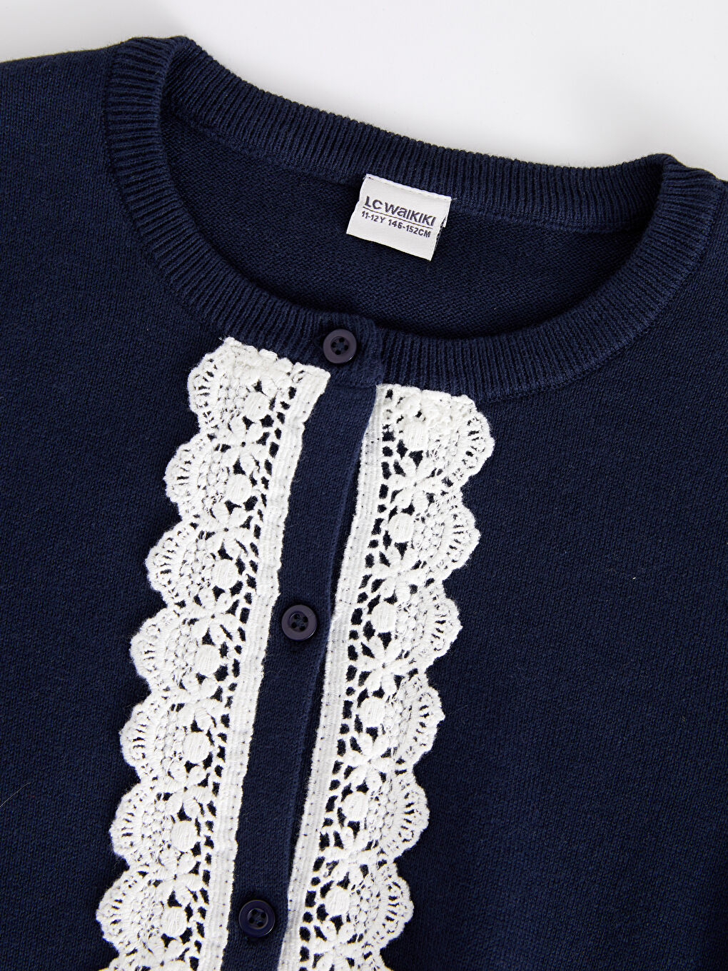 Crew Neck Lace Detailed Long Sleeve Girls' Knitwear Cardigan-2