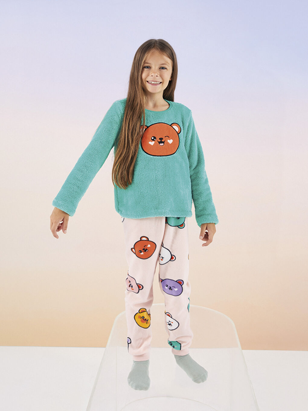 Crew Neck Embroidered Long Sleeve Fleece Girl Pajama Set