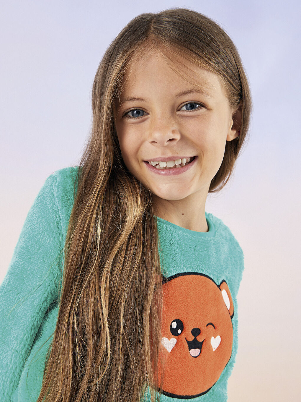 Crew Neck Embroidered Long Sleeve Fleece Girl Pajama Set-1