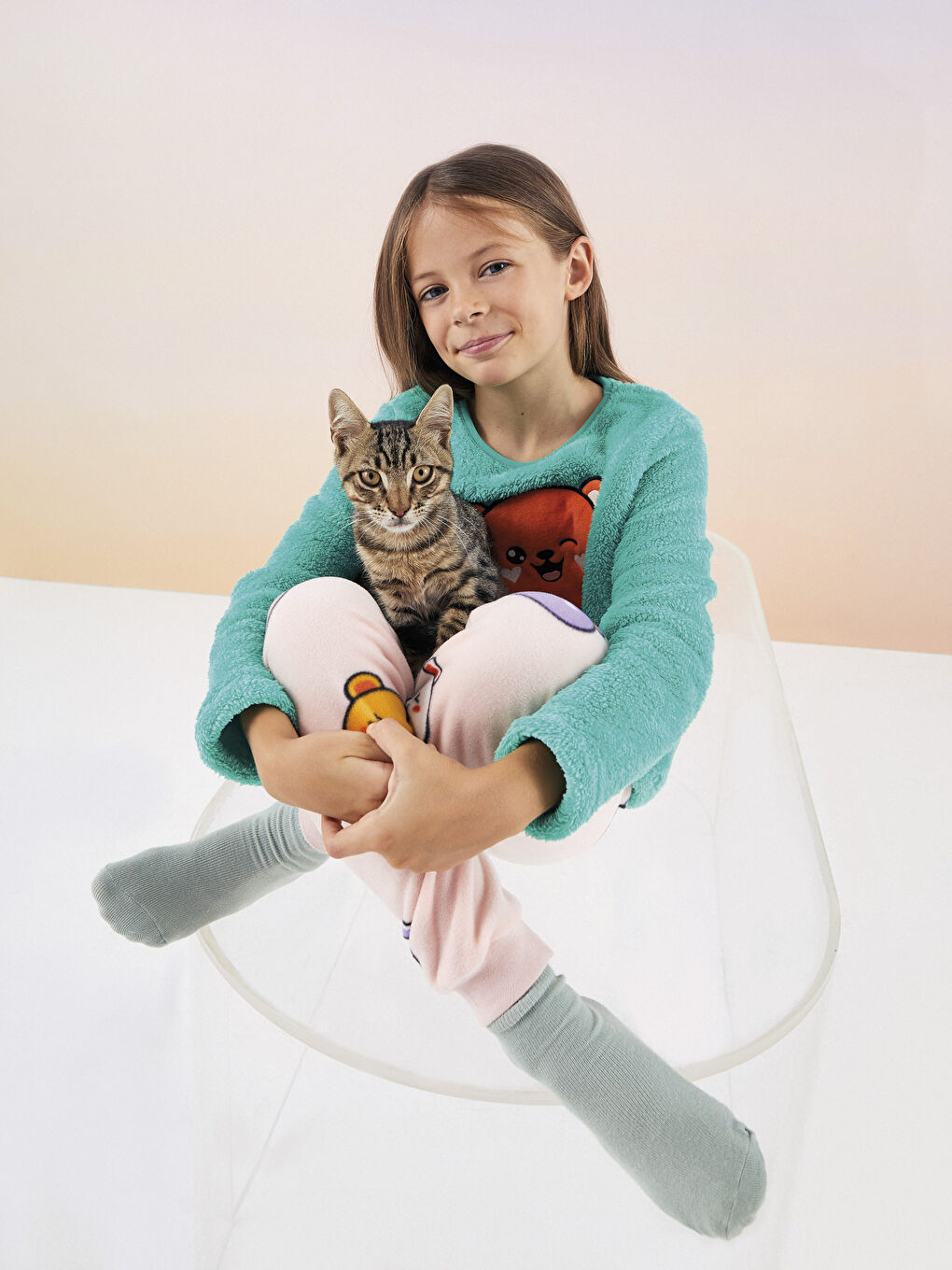 Crew Neck Embroidered Long Sleeve Fleece Girl Pajama Set-2