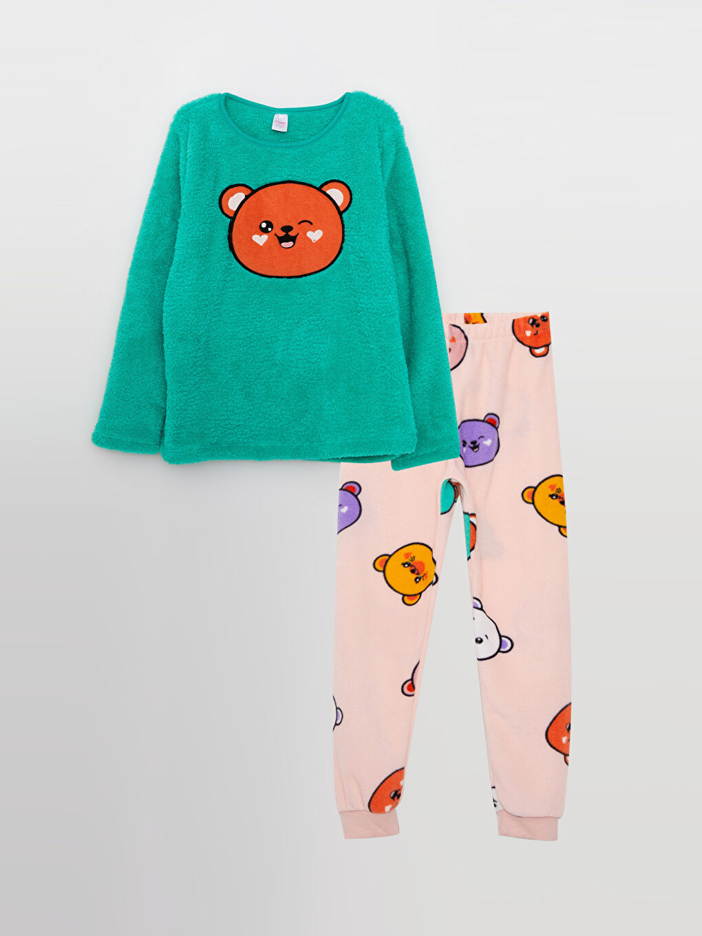 Crew Neck Embroidered Long Sleeve Fleece Girl Pajama Set-4