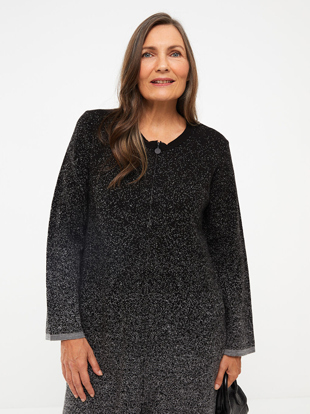 Siyah Bisiklet Yaka Desenli Uzun Kollu Kadın Hırka