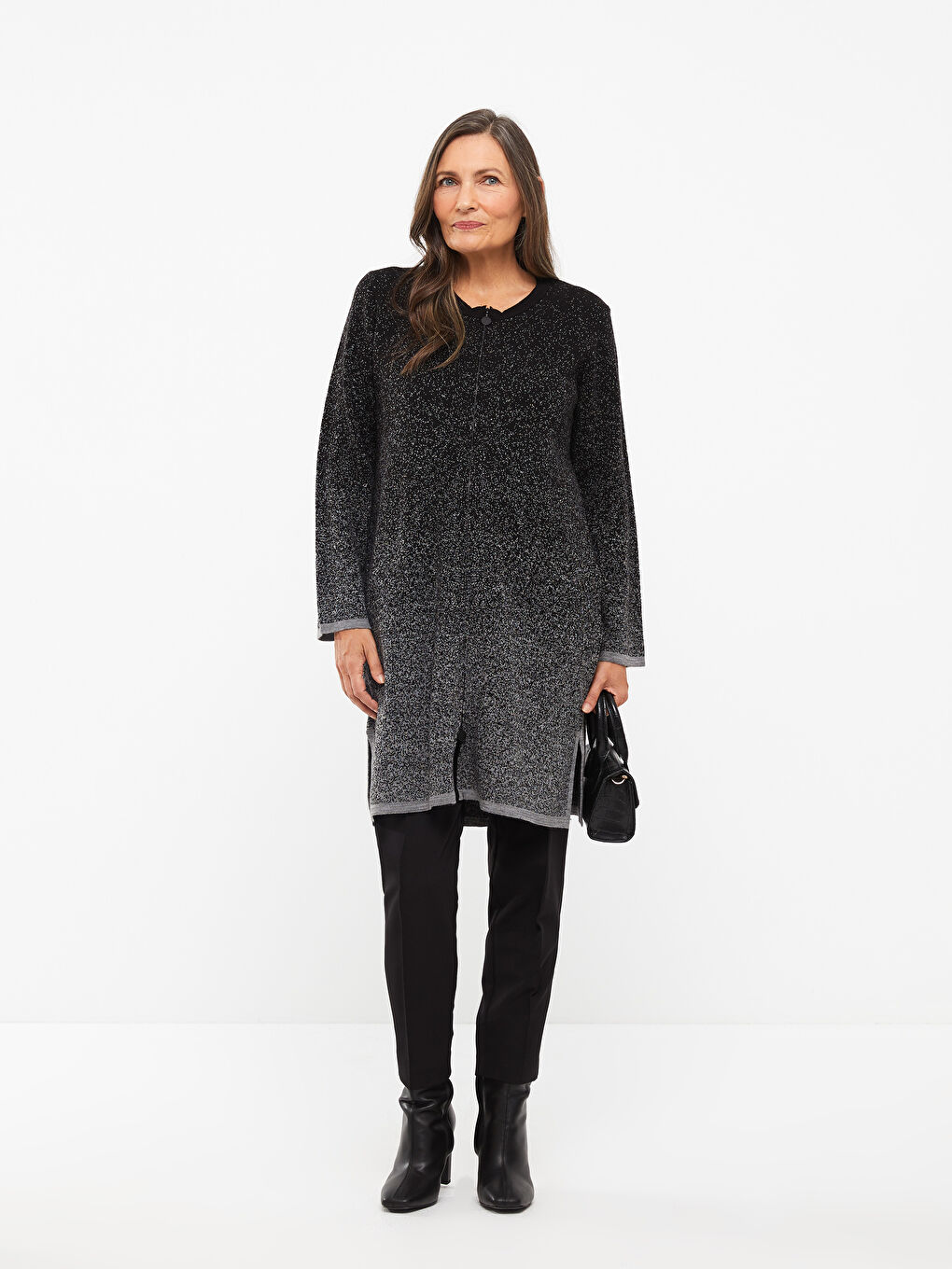 Siyah Bisiklet Yaka Desenli Uzun Kollu Kadın Hırka-2