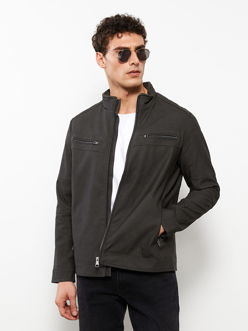 Standard Fit Collared Neck Men's Leather Look Coat-1