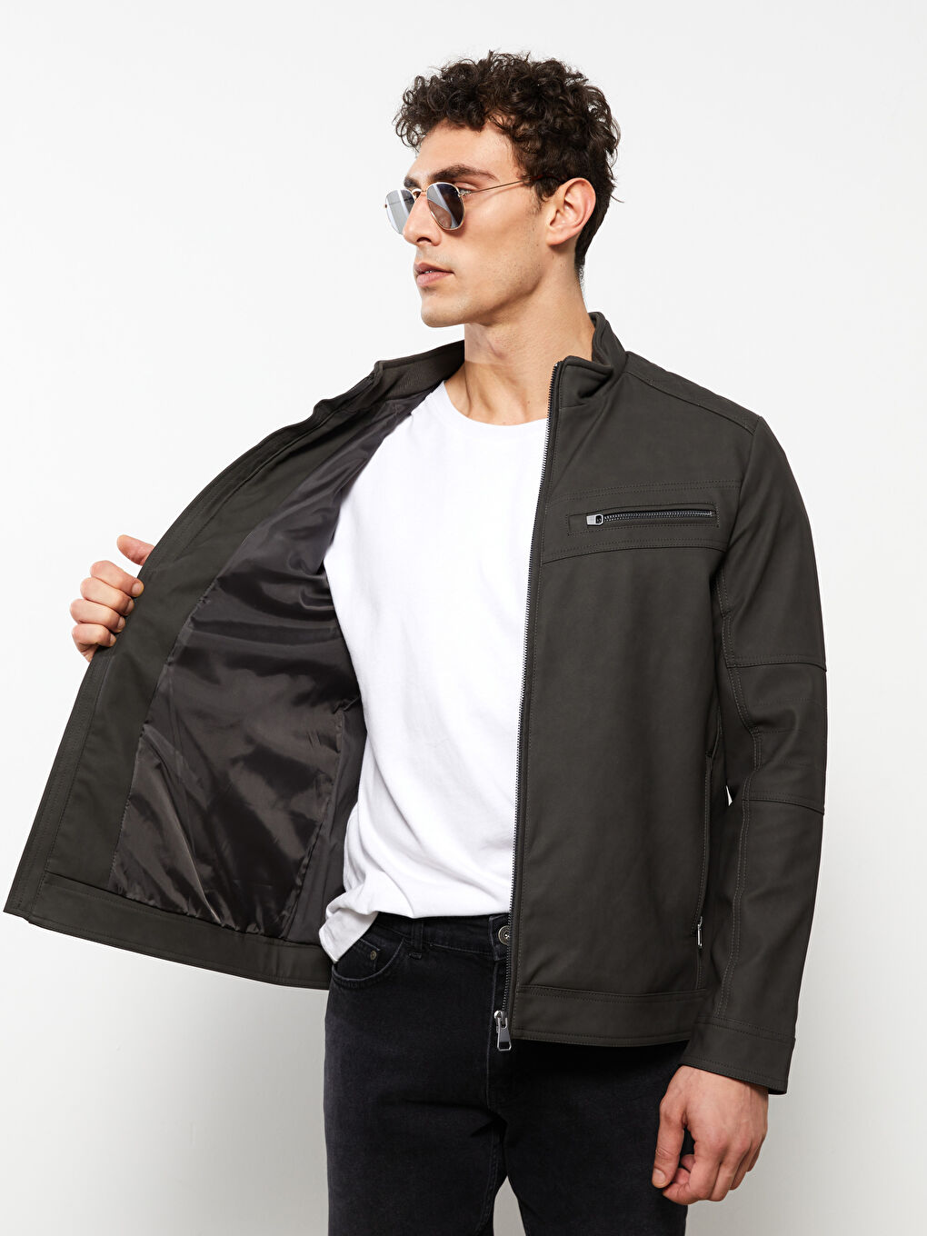 Standard Fit Collared Neck Men's Leather Look Coat-2