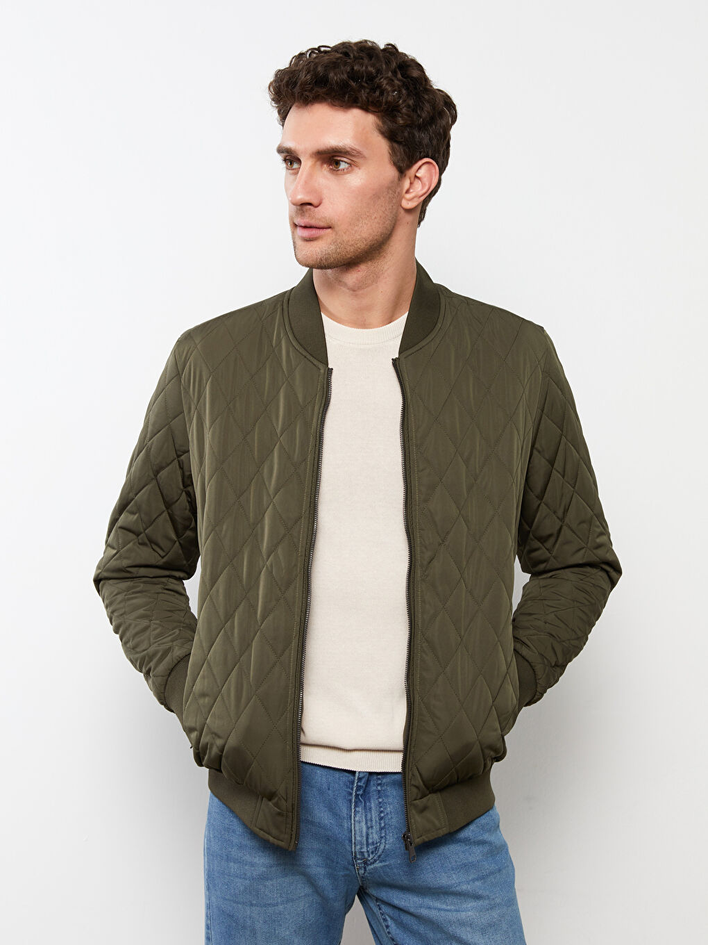 Haki Standart Kalıp Kolej Yaka Erkek Şişme Mont-1