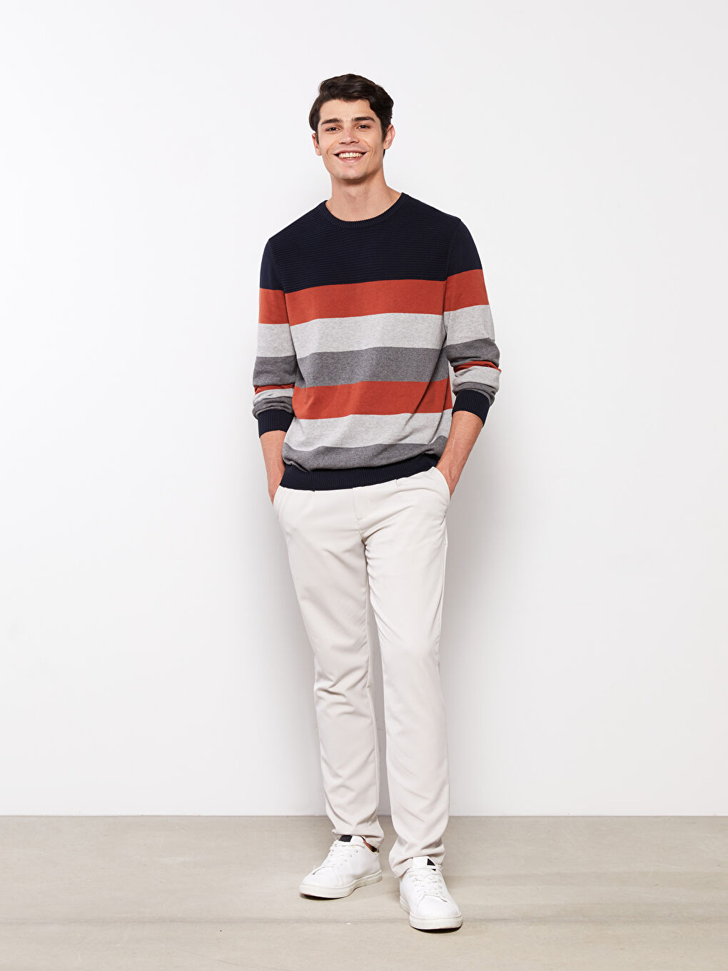 Crew Neck Long Sleeve Striped Men's Knitwear Sweater