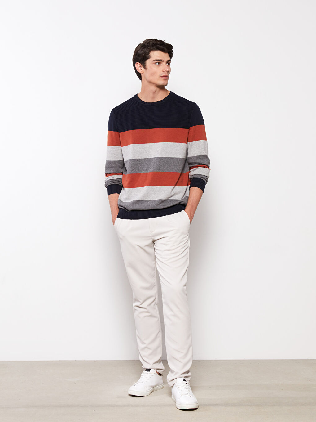 Crew Neck Long Sleeve Striped Men's Knitwear Sweater-1