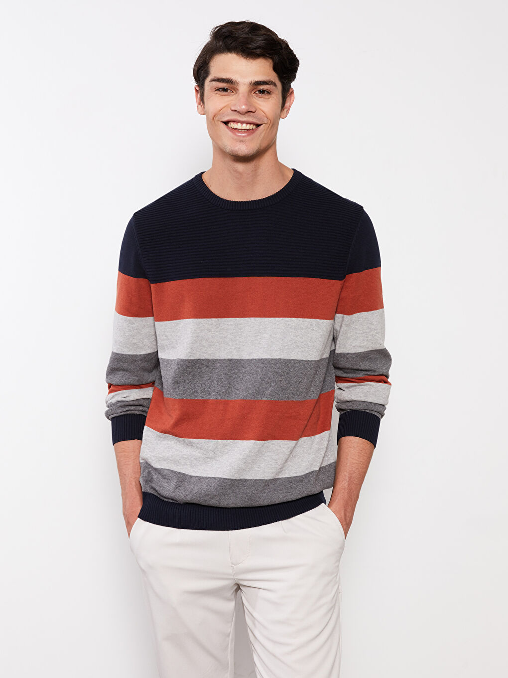 Crew Neck Long Sleeve Striped Men's Knitwear Sweater-2