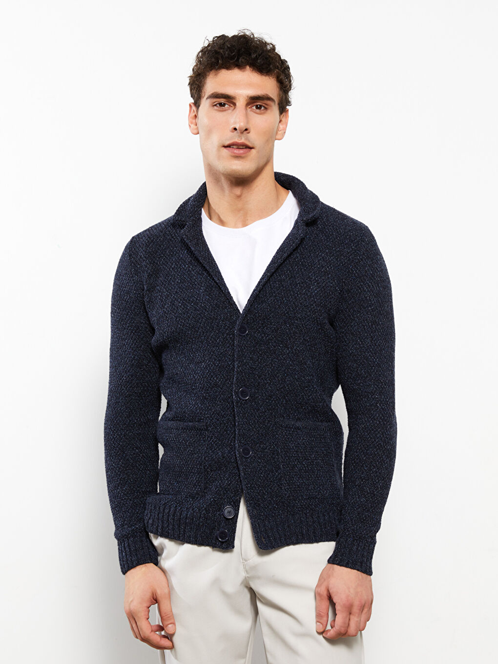 Lacivert Standart Kalıp Uzun Kollu Erkek Triko Hırka-1