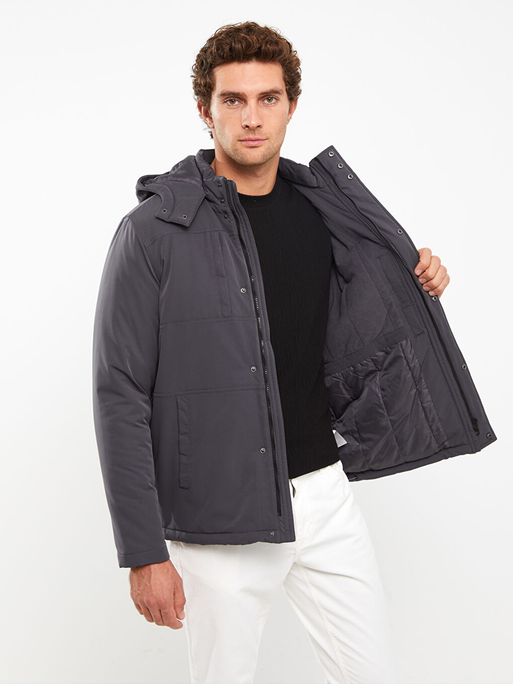 Gri Standart Kalıp Kapüşonlu Erkek Mont-1