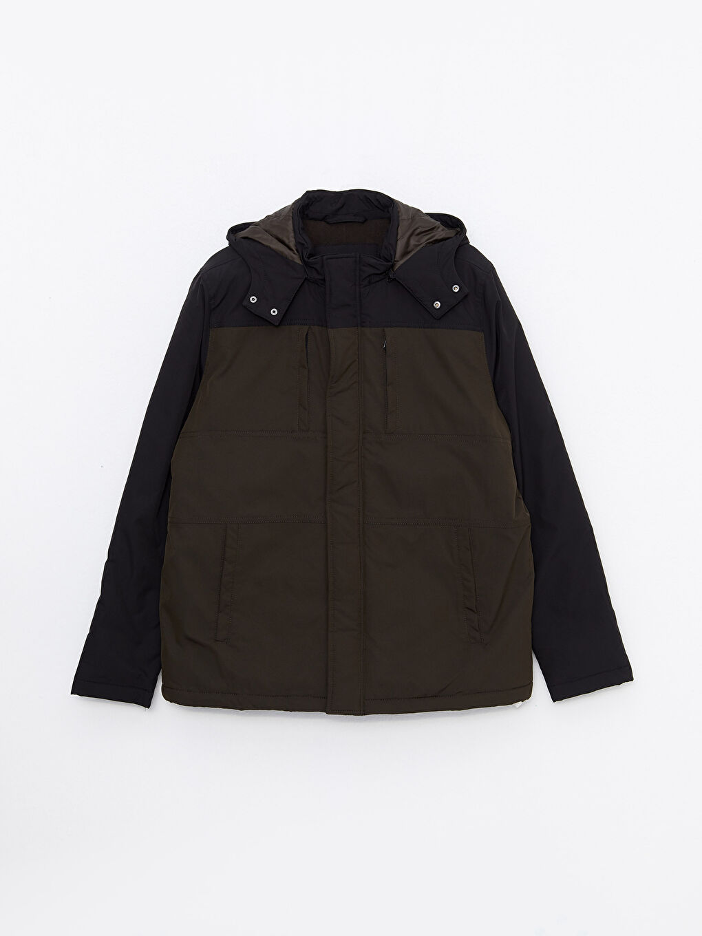 Haki Standart Kalıp Kapüşonlu Erkek Mont-5