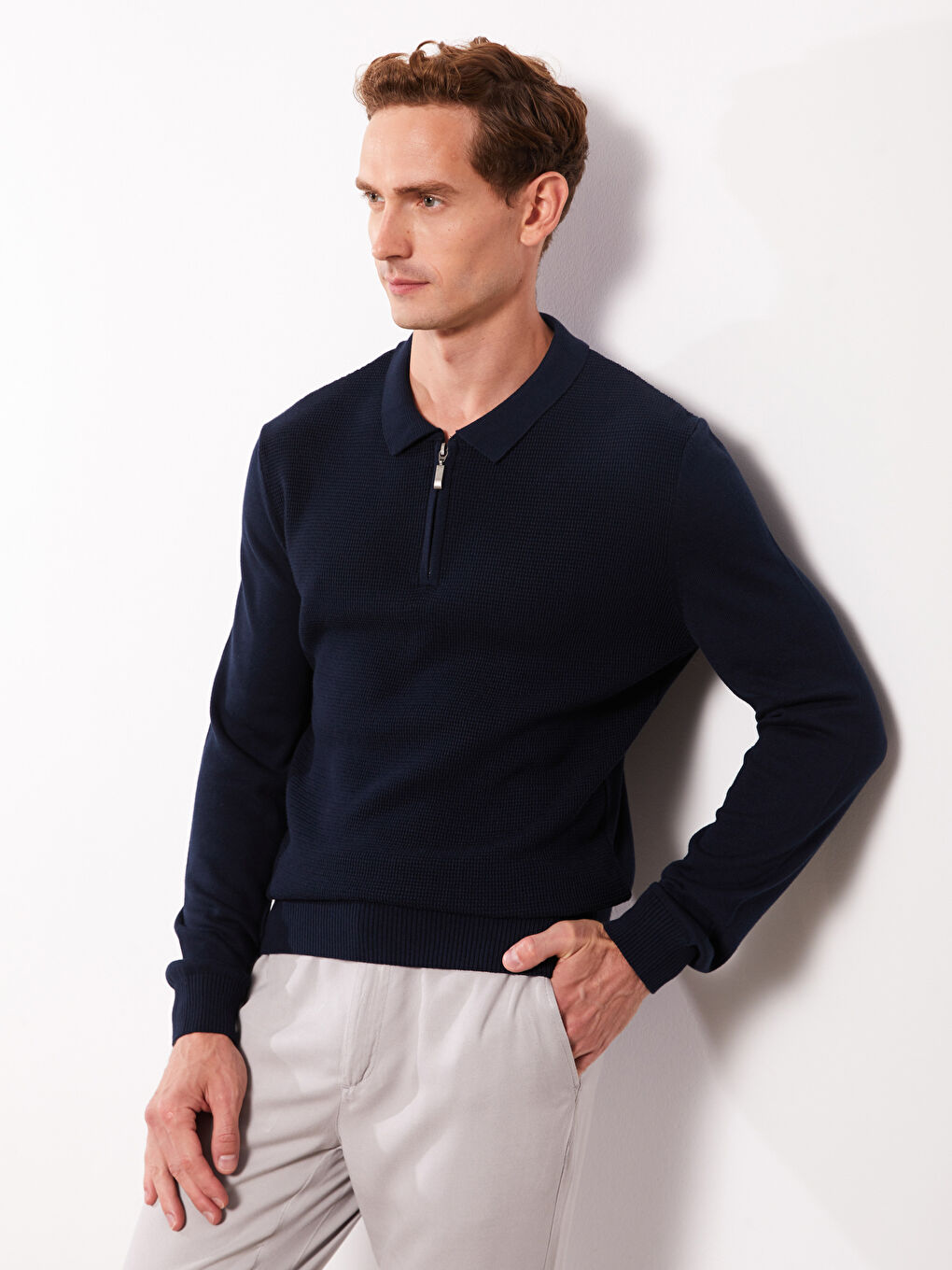 Polo Neck Long Sleeve Men's Knitwear Sweater