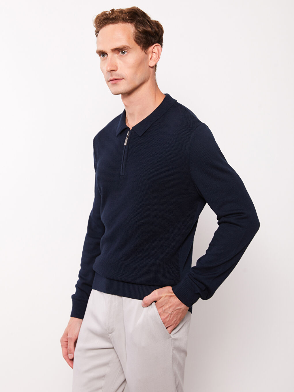Polo Neck Long Sleeve Men's Knitwear Sweater-4